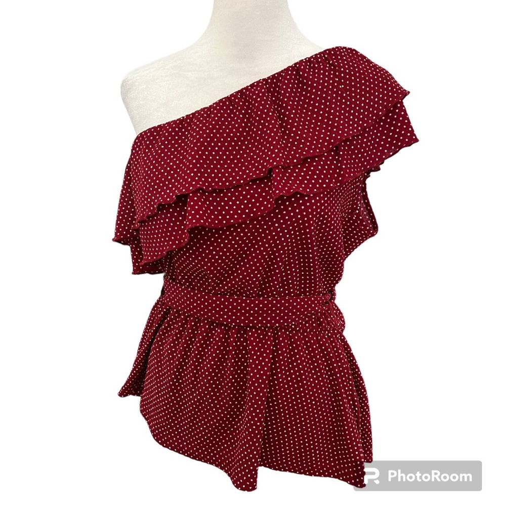 Anthropologie Maeve L Rita Ruffled One Shoulder Blouse Red White Polka Dot Large